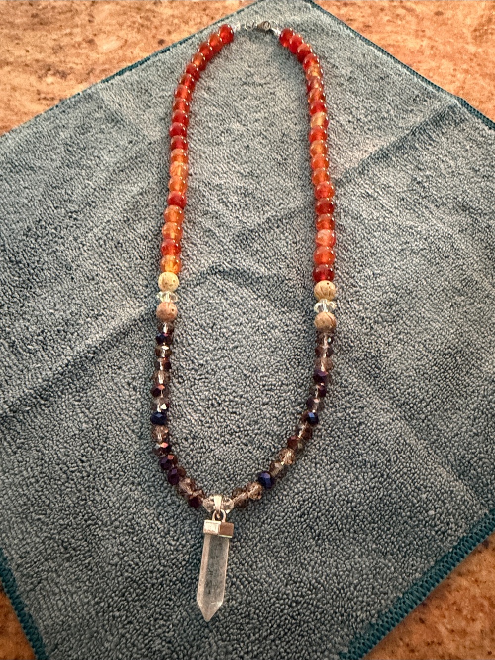 Handcrafted Multicolor Beaded Necklace with Clear Crystal Pendant